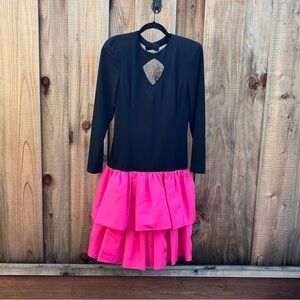 Vintage Rimini Black & Pink Party Dress Size 14 w/ Cutout Ruffles & Bow